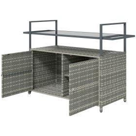Outsunny 2-Tier Shelf PE Rattan Outdoor Bar Table, Glass Top Outdoor Serving Cart with Cabinet, Mixed Gray