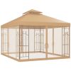 Outsunny 10x12 Patio Gazebo Brown with Corner Frame Shelves Double Roof Outdoor Shelter