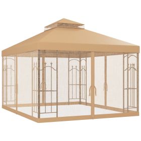 Outsunny 10x12 Patio Gazebo Brown with Corner Frame Shelves Double Roof Outdoor Shelter