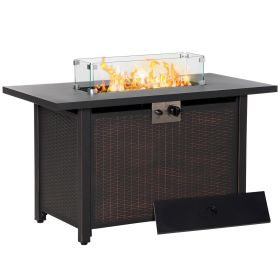 Outsunny 43" Woven Wicker Propane Fire Bowl with Auto-Ignition, Glass Wind Guard, and Blue Fire Glass
