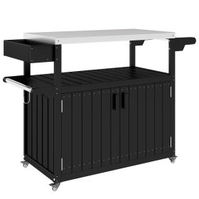 Outsunny Outdoor Bar Cart with Storage, Stainless Steel Outdoor Bar Table Top, Wheeled HDPE Kitchen Island for Food Prep, Black