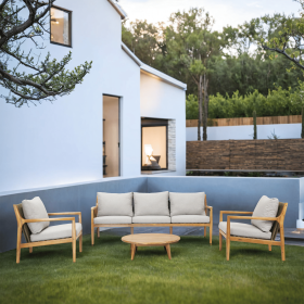 Direct Wicker 4-Piece Patio Conversation Set with Cushions and Coffee Table, Solid Acacia Wood Outdoor Sectional Sofa