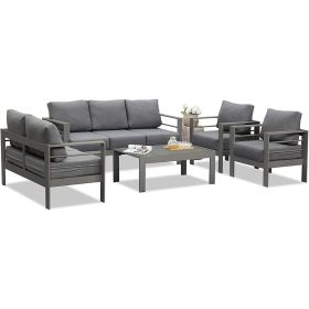 5 Pieces Outdoor All-Weather Conversation Set, Sectional Sofa, Aluminum Couch - Dark Gray Cushions