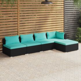 5 Piece Patio Lounge Set with Cushions Poly Rattan Black