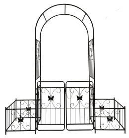 Metal Garden Arch with Gate 79.5'' Wide x 86.6'' High Climbing Plants Support Rose Arch Outdoor Black