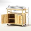 Outsunny Outdoor Grill Cart w/ Stainless Steel Top, Solid Wood Outdoor Kitchen Island w/ Wheels, Storage Cabinets, Natural Wood