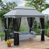 Outsunny 3-Seat Patio Swing Chair with Double Tier Canopy, Porch Swing Chair with Stand, Mesh Sidewalls, Cushioned Seat and Pillows, Gray