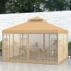 Outsunny 10x12 Patio Gazebo Brown with Corner Frame Shelves Double Roof Outdoor Shelter