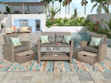 Patio Furniture Set;  4 Piece Outdoor Conversation Set All Weather Wicker Sectional Sofa with Ottoman and Cushions (Color: Gray)