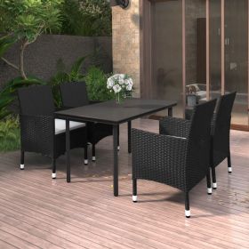 5 Piece Patio Dining Set with Cushions Poly Rattan and Glass (Color: Black)