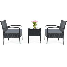 3 Pieces Outdoor Rattan Patio Conversation Set with Seat Cushions (Color: Gray)