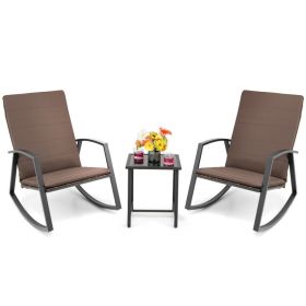 3 Pieces Patio Rattan Rocking Furniture Set (Color: Brown)