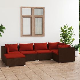 6 Piece Patio Lounge Set with Cushions Poly Rattan Brown (Color: Brown)